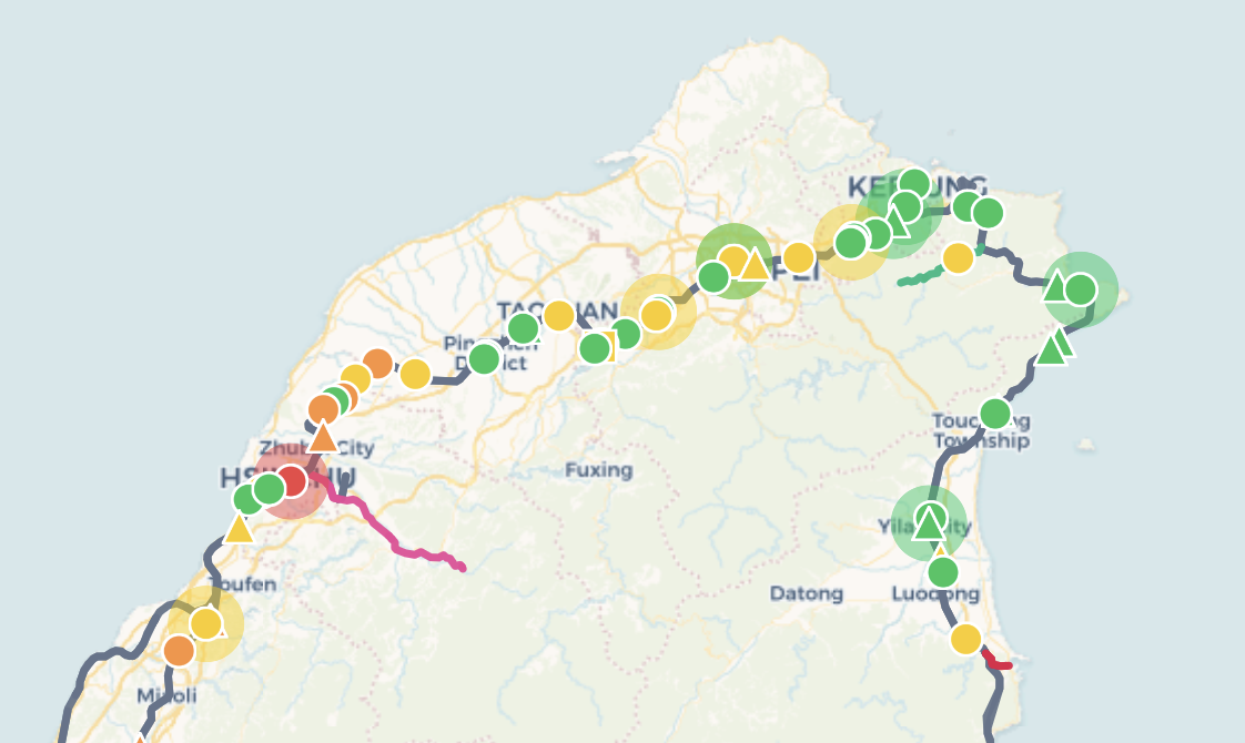 台鐵列車動態地圖顯示全台列車即時位置與誤點狀態